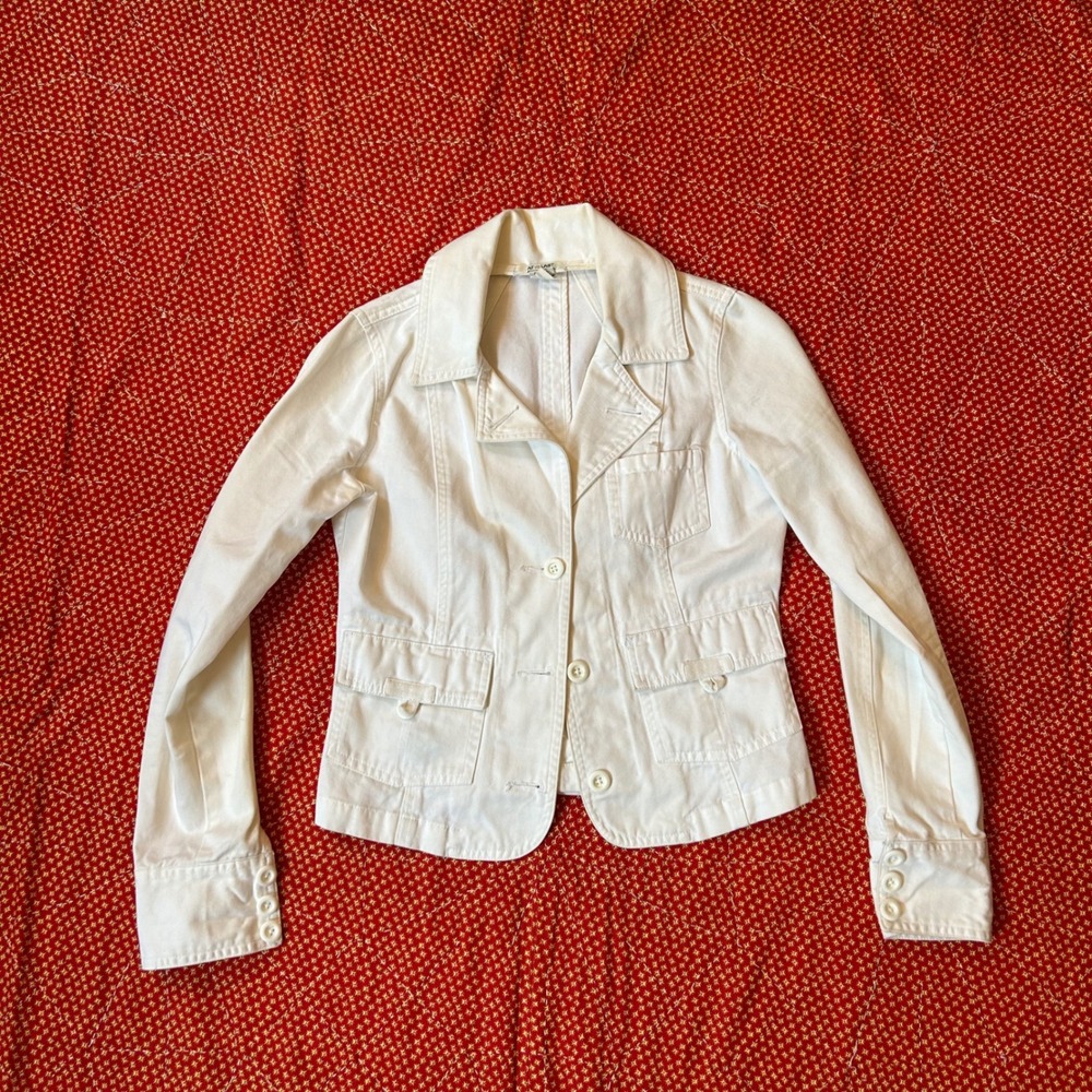 At Last vtg 2000s White Cotton Denim Utility Jacket Blazer Small Pocketed